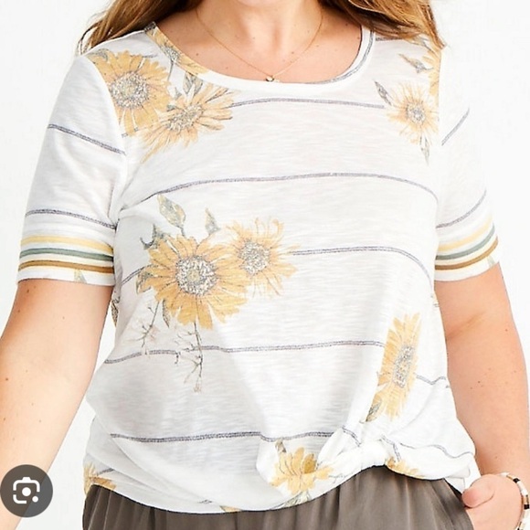 Maurices 24/7 Sunflower Striped Sleeve Knot Hem Tee - Picture 1 of 5